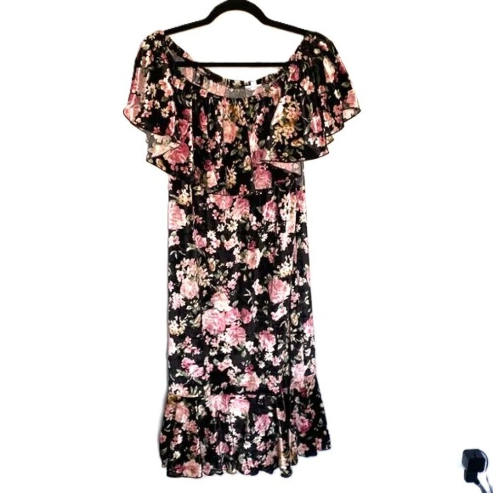 LuLaRoe Cici Mermaid Flounce Dress XL Floral Roses Velvet Pink Black Tan Green
